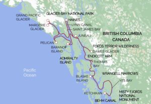 map of southeastern Alaska glacier cruise route