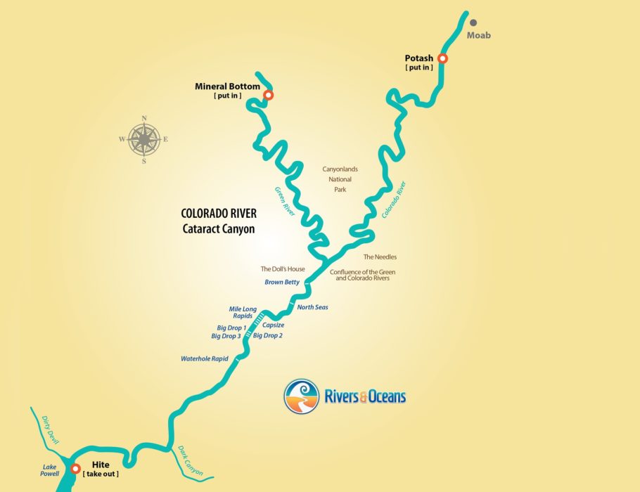 Map of cataract canyon rafting rapids in Utah