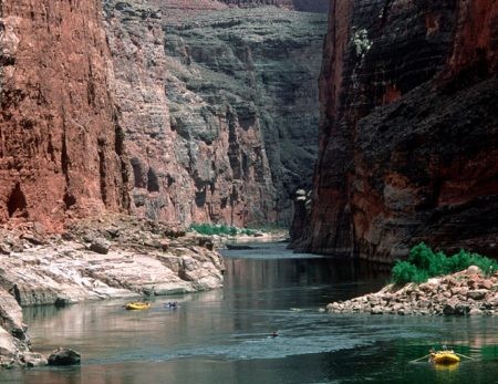 rafts floating through Marble Canyon on the Colorado River
