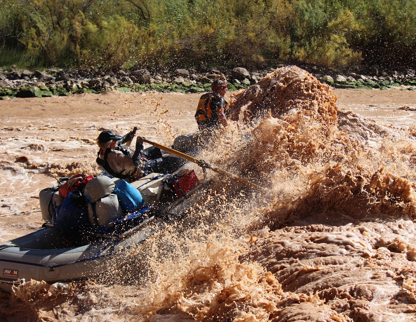 Shows Grand Canyon River flow at Hermit White water rapid on the lower portion of the Colorado River