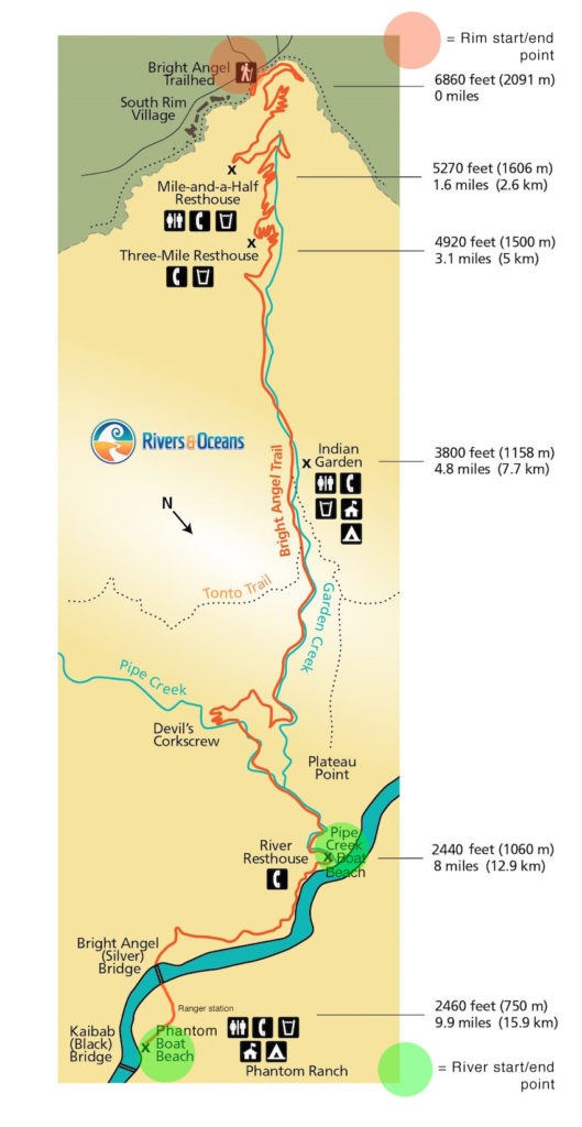 Map for hiking into Grand Canyon on Bright Angel TrailElevation
