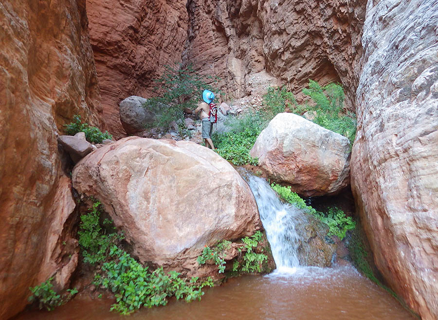 hiker above water fall in Grand Canyon side canyon