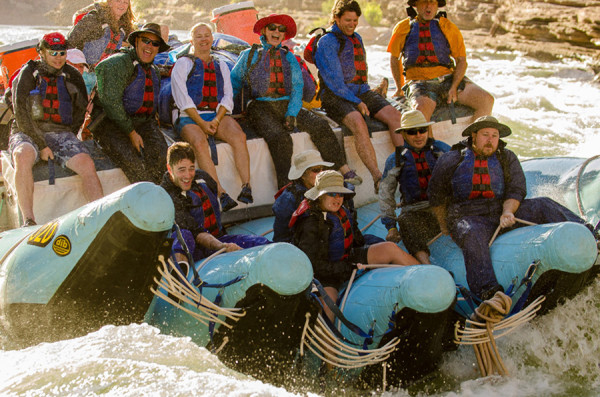 rafters riding on j-rig through the Colorado River