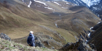 hiker enjoying view of mountains and tundra on an arctic rafting trip