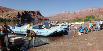 rafts at Lees Ferry preparing for Colorado River rafting trips