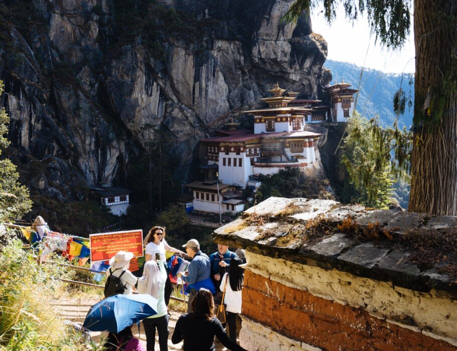 rafters hiking to Bhutan monastery in mountain side