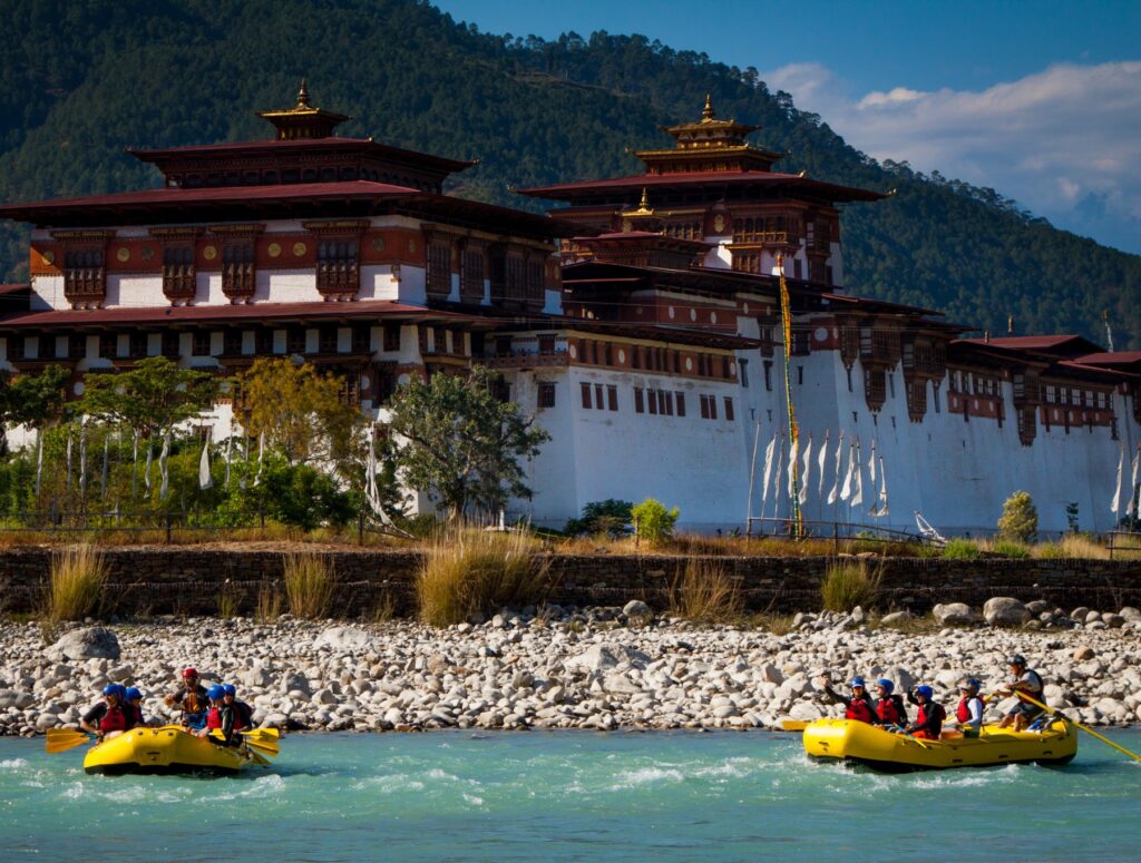 rafters floating past Punakha Dzong