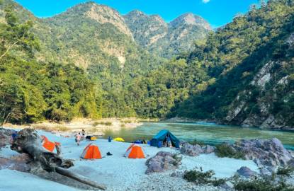 camping in beach on multi-day rafting trip in Bhutan