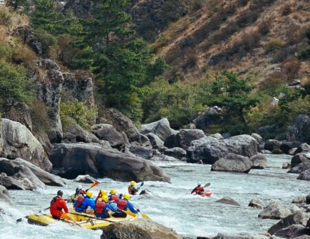 rafters running river canyon Bhutan