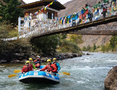 rafters going under bridge on the Paro Chhu (River)