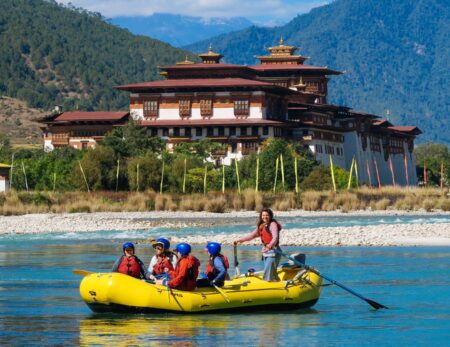 rafters floating in front of Dzong in Bhutan